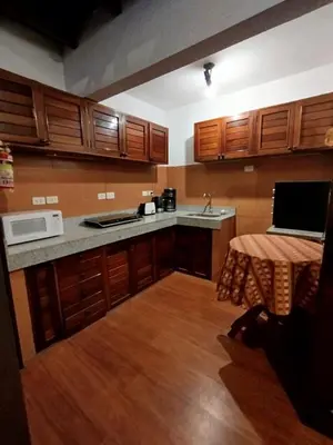 a kitchen with wooden cabinets and a counter top at Suite C-1 Wifi 1000 Mbps, recojo gratis aeropuerto in Lima
