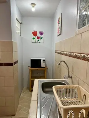 a kitchen with a sink and a microwave at Cozy & Centric Apartment in great location! in Cusco