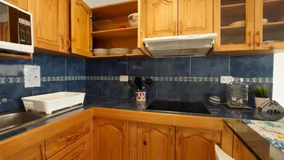 a kitchen with wooden cabinets and a sink at Edificio Sir William - Punta hermosa - Lima, Peru in Punta Hermosa