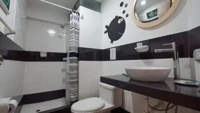 a bathroom with a toilet and a sink and a mirror at Edificio Sir William - Punta hermosa - Lima, Peru in Punta Hermosa