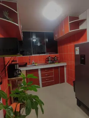 a kitchen with red tile walls and a kitchen with a plant at Hermozo Cusco-Calle Fierro in Cusco
