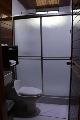 a bathroom with a toilet and a sliding glass door at Alpinas Natural Suites in Lunahuaná