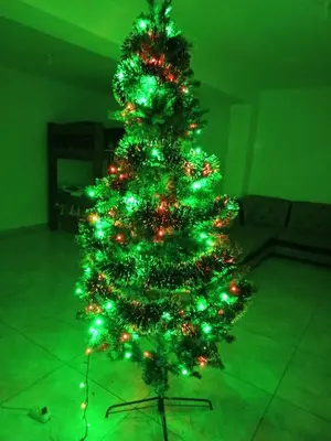 a christmas tree with green lights in a room at Casa rústica in Ica