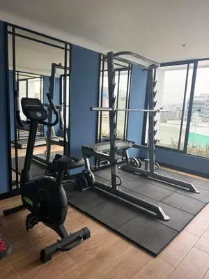 a gym with cardio equipment in a building with windows at Brand New Apartment in Lima