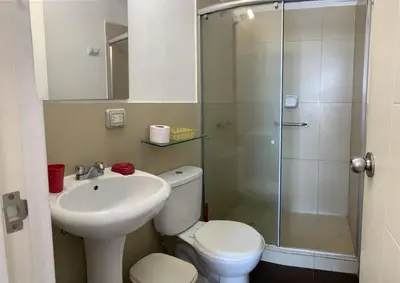 a bathroom with a toilet and a sink and a shower at Departamento 03 dormitorios cerca Arena 1 in Lima