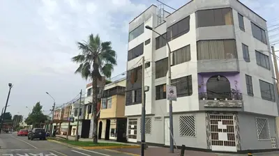 a white building on a street with a palm tree at Boulevard home hostel - Lima Airport in Lima