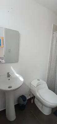 a bathroom with a white toilet and a sink at Condominio Vive Paracas in Puerto Nuevo