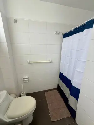 a bathroom with a toilet and a shower curtain at Oceanfront apartment con opcion de Velero in Paracas