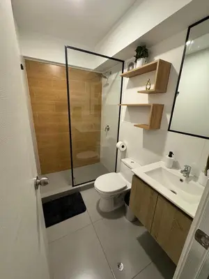 a bathroom with a toilet and a shower and a sink at Confortable y moderno apartamento en Lima, cerca al centro de Lima, MIraflores y San IsidroN ISIDRO in Lima