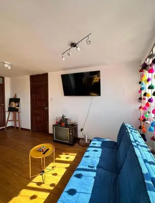 a living room with a blue bed and a tv at Cozy aparts & rooms in Cusco