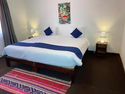 a bedroom with a large white bed with blue pillows at Runa House2 in Cusco