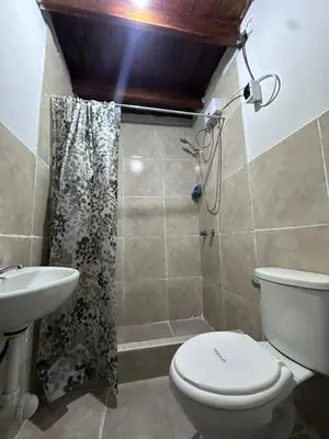 a bathroom with a toilet and a shower and a sink at Rustic Getaway in San Bartolo in San Bartolo