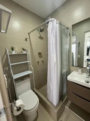 a bathroom with a shower and a toilet and a sink at Albano Penthouse íntimo piscina y vista al mar in Lima