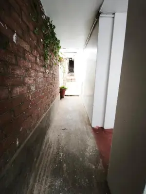 an empty hallway with a brick wall and a plant at Mayu House Inn II a minutos del centro histórico in Cusco