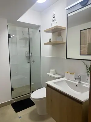 a bathroom with a toilet and a sink and a shower at Miraflores Premium in Lima