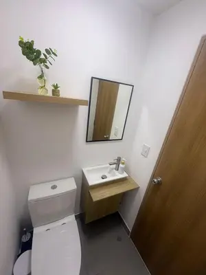 a bathroom with a toilet and a sink and a mirror at Miraflores Premium in Lima