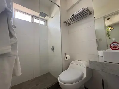a white bathroom with a toilet and a shower at Departamento en barranco in Lima