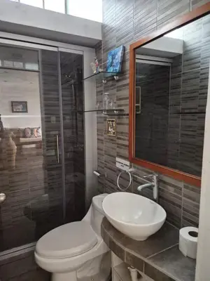 a bathroom with a toilet and a sink and a mirror at Front Beach House nearby Playa Asia in Lima, Peru! in Cerro Azul