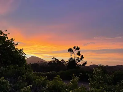 a sunset in the mountains with a tree in the foreground at Casa de Campo Azpitia Perú in Santa Cruz de Flores
