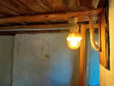 a light bulb hanging from a wooden ceiling at Unu Samay Lodge in Urubamba