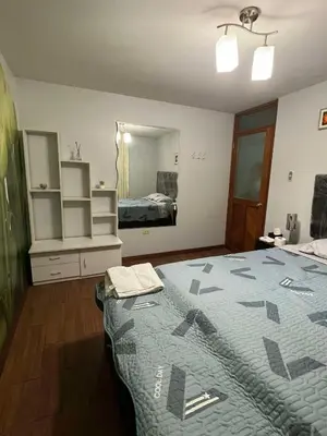 a bedroom with a bed and a large mirror at Las palmeras in Lima