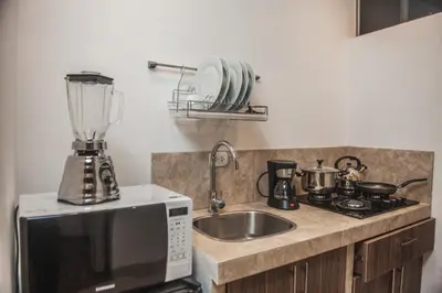a kitchen with a sink and a blender on a counter at Florez de la Villa Apart Hotel in Cusco