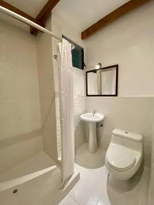 a bathroom with a shower and a toilet and a sink at Mistico Machupicchu Eco B&B in Machu Picchu