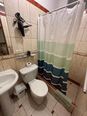 a bathroom with a toilet and a sink and a shower curtain at Hospedaje el Telar in Nazca