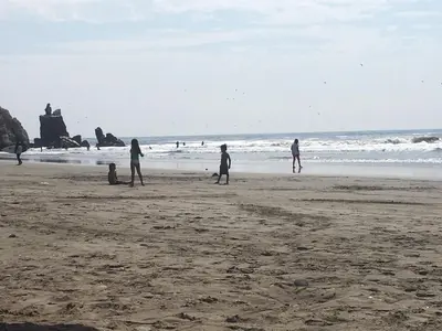 a group of people playing on the beach at Bungalows Cerro Azul in Cerro Azul