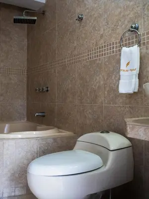 a bathroom with a toilet and a bath tub at Hotel Ferré Miraflores in Lima