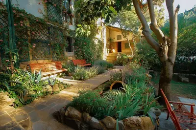 a garden with two benches and a tree at ARQUEOLOGO Exclusive Boutique Hotel Cusco - Centro Histórico in Cusco