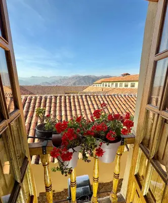 two potted plants on a balcony with a view of a roof at ARQUEOLOGO Exclusive Boutique Hotel Cusco - Centro Histórico in Cusco