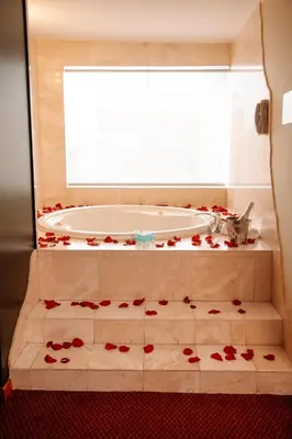 a bathroom with a tub with red roses on the floor at Hotel Carrera in Lima