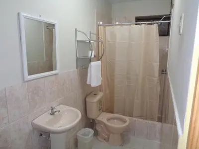 a bathroom with a toilet and a sink and a shower at Antares Inn in Lima