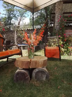 a vase of flowers on a table on a stump at Casa de Mama Valle - Urubamba in Urubamba
