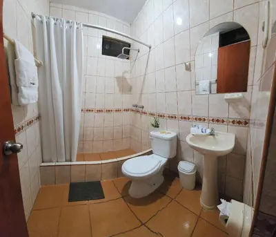 a bathroom with a toilet and a sink and a shower at Starlight Inn in Pisco