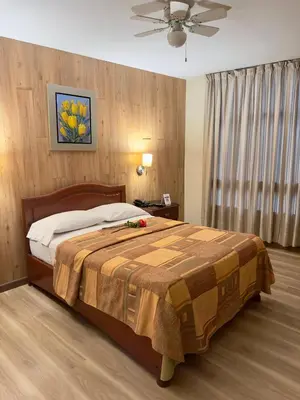 a bedroom with a bed and a ceiling fan at Hotel Asturias Inn in Lima