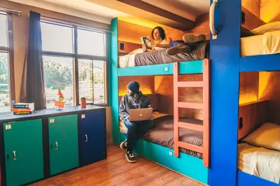 a person sitting on a laptop in a bunk bed at Wild Rover Cusco in Cusco