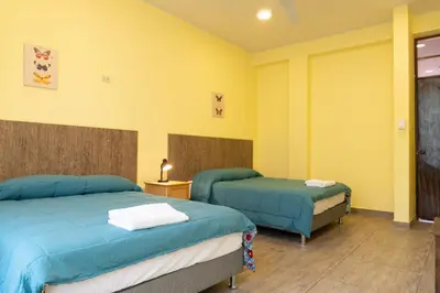 two beds in a room with yellow walls at Desert Nights Hostel in Ica