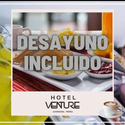 a poster for a restaurant with a plate of food at Hotel Venture in Chincha Alta