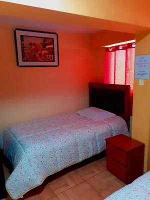 a bedroom with a bed and a picture on the wall at Hostal Kuntur Cusco in Cusco