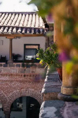 a brick wall with potted plants in front of a building at Casa Andina Premium Cusco in Cusco