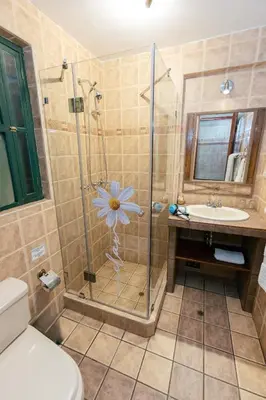 a bathroom with a shower with a toilet and a sink at Amerindia in Cusco
