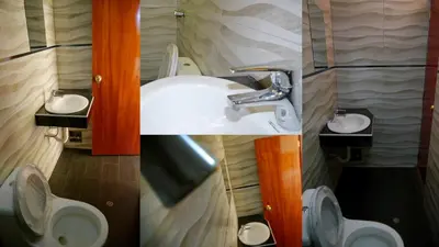 two pictures of a bathroom with a sink and a toilet at Hotel Shelter in Huancayo