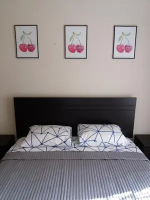 a bedroom with a bed with three pictures on the wall at Cozy and Comfortable Home in MIRAFLORES in Lima