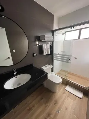 a bathroom with a sink and a toilet and a mirror at Habitat Hotel in Lima