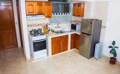 a kitchen with wooden cabinets and a stainless steel refrigerator at Boutique Amaru Wasi in Cusco