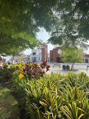 a park with flowers and trees and a street at Hotel La Casona in Pisco