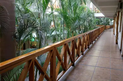 a wooden corridor with palm trees in a building at Casa Andina Standard Nasca in Nazca