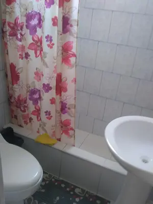 a bathroom with a toilet and a shower curtain at Hospedaje Marita in Lima